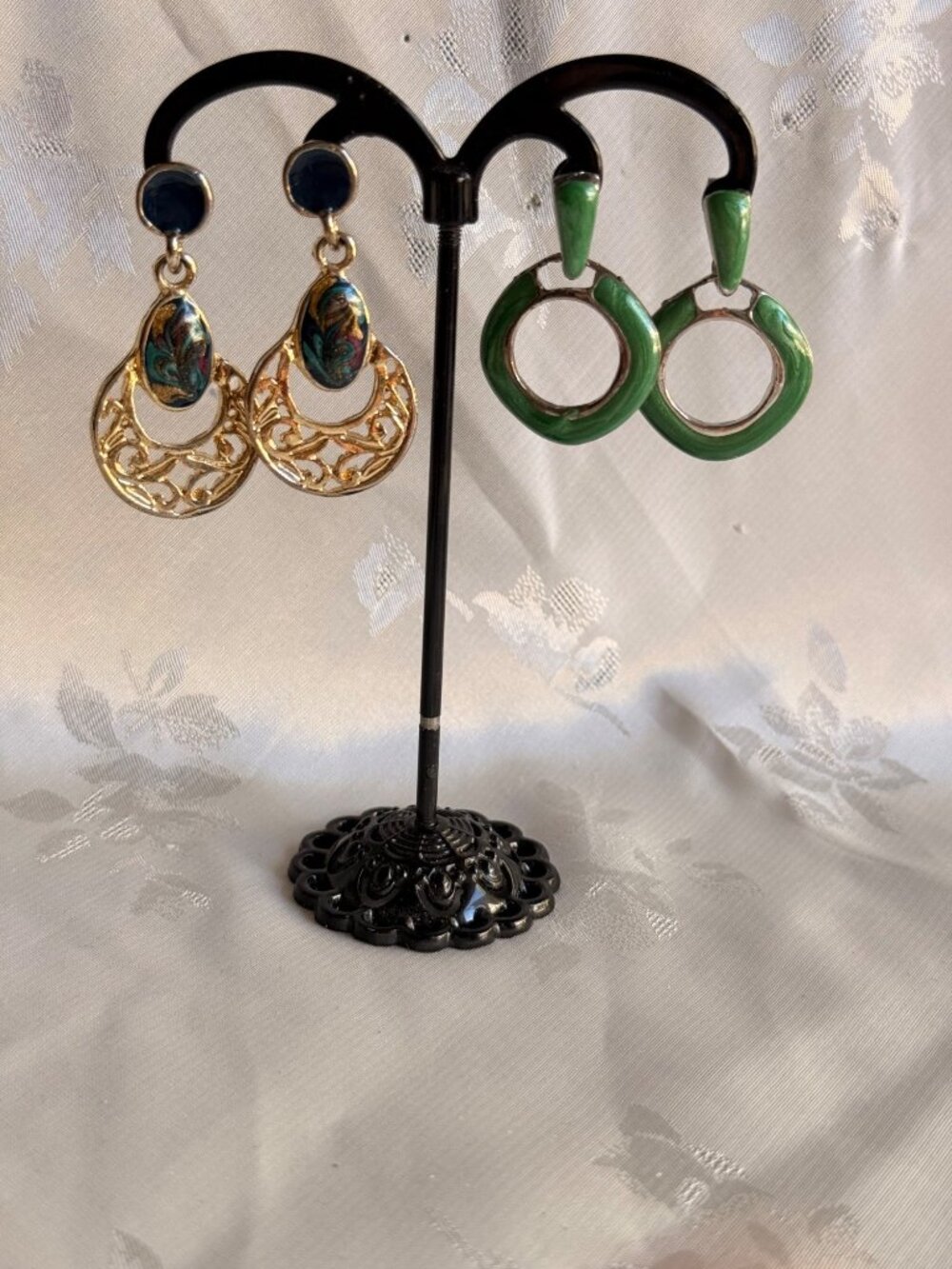 Vintage Enamel & Gold-Tone Dangle Earrings - Set of 2 - Green & Multi-Color